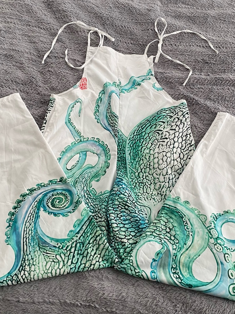 White Tie-Strap Jumpsuit with Teal & Aqua Octopus Print